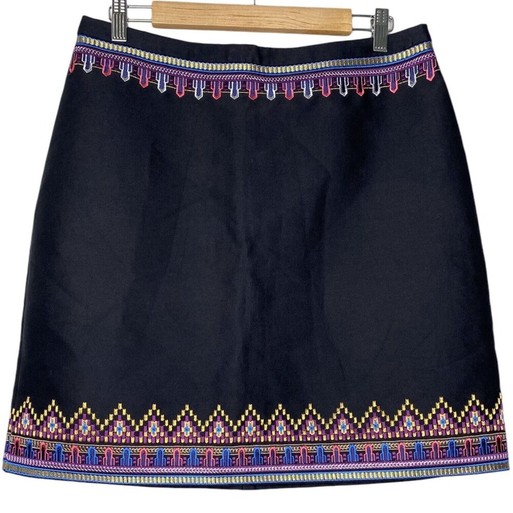 C Wonder Embroidered A-Line Skirt (Size 10) Black Tribal Art Deco